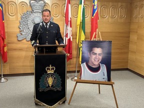 Sgt. Major Darryl Milo speaks during a news conference in Regina, Tuesday, June 27, 2023, regarding the killing of Misha Pavelick more than 17 years ago. RCMP have charged a person with second-degree murder.
