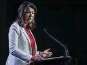 Alberta Premier Danielle Smith speaks to delegates at the Global Energy Show in Calgary, Alta., Tuesday, June 13, 2023. Smith says she's free to post to Facebook again, a day after she publicly accused the social media giant of censoring her.