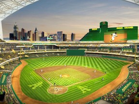 FILE - This rendering provided by the Oakland Athletics on May 26, 2023, shows a view of their proposed new ballpark at the Tropicana site in Las Vegas. The Oakland Athletics cleared a major hurdle for their planned relocation to Las Vegas after the Nevada Legislature gave final approval on Wednesday, June 14, to public funding for a portion of the proposed $1.5 billion stadium with a retractable roof. (Courtesy of Oakland Athletics via AP, File)