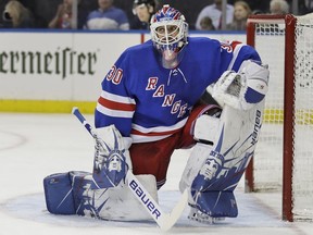 New York Rangers' Henrik Lundqvist reacts after a save during the third period of an NHL hockey game against the Philadelphia Flyers in New York, in this Sunday, March 1, 2020, file photo. The Hockey Hall of Fame's class of 2023 will be unveiled Wednesday afternoon.