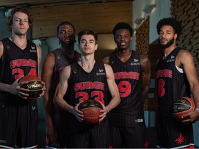 From left, Kylor Kelley, Simi Shittu, Mason Bourcier, Trevon Scott and Maurice Calloo and the Calgary Surge are now one more win away from a spot at the CEBL’s Championship Weekend in their inaugural season.