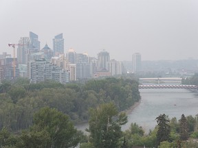 The Calgary skyline was photographed as a special weather advisory remained in effect due to the wildfire smoke on Monday, July 17, 2023.