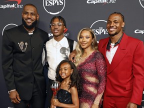 From left. LeBron James, Bryce James, Zhuri James, Savannah James, and Bronny James attend The 2023 ESPY Awards.