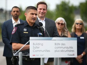 Calgary Police Superintendent Asif Rashid joins Public Safety Minister Marco Mendicino and George Chahal, Liberal MP for Calgary Skyview after announcing funding to prevent gun crime and gang violence in Calgary on Wednesday, July 12, 2023.