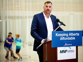 Joseph Schow, Minister of Tourism and Sport speaks at the MNP Community and Sports centre in Calgary on Tuesday, July 18, 2023.
