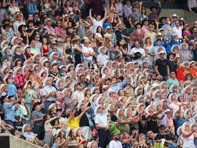The Stampede is ready for the crowds that will gather on the grounds during its final weekend of 2023. Shown is the crowded grandstand during the afternoon rodeo on Friday, July 14, 2023.