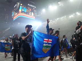 Athletes from Team Alberta take part in the athletes' parade during the opening ceremony of the North American Indigenous Games 2023 in Halifax, Sunday, July 16, 2023.