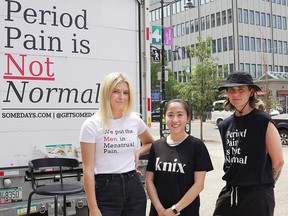 Leah Perry, Angie Ma and Charlie Hannah were on hand to show off the “Period Pain Simulator.” The simulator was created to help men understand endometriosis and the often debilitating pain associated with menstruation. Monday, July 10, 2023.