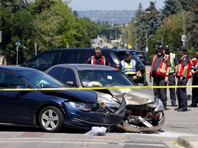 Calgary police investigate a serious accident involving a senior at the intersection of 17 Ave. and 45 St. S.W. in Calgary on Saturday, July 8, 2023.