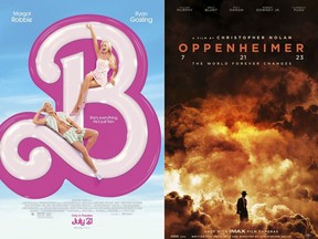 This combination of images shows promotional art for "Barbie," and "Oppenheimer."