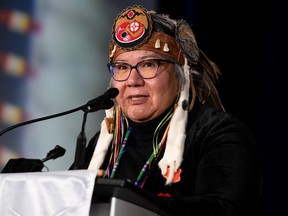 Assembly of First Nations (AFN) National Chief, RoseAnne Archibald, speaks during the AFN Special Chiefs Assembly (SCA) in Ottawa, on Tuesday, Dec. 6, 2022.