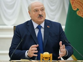 Belarusian President Alexander Lukashenko speaks, during his meeting with foreign correspondents, in Minsk, Belarus, Thursday, July 6, 2023.