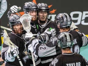 The Roughnecks celebrate a goal against the Mammoth on Saturday, May 20, 2023.