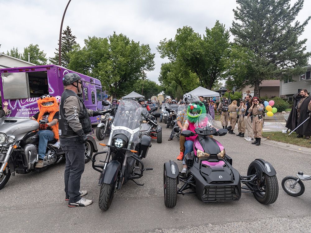 The Bikers Against Bullying group makes a grand entrance during Evelyn Roy’s birthday in a driveway dance party on Sunday, August 20, 2023