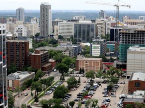 A parking lot is visible in downtown Edmonton, Tuesday July 18, 2023.