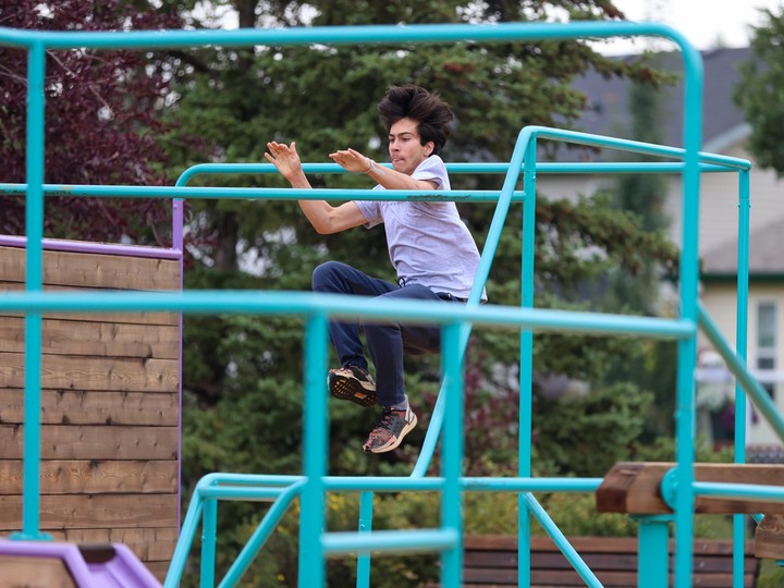  Franco Raffa has fun at the official opening of the new Coventry Hills Parkour Park on Wednesday, August 23, 2023. The park is the first city owned parkour park and was built with the help of local company Breathe Parkour.Gavin Young/Postmedia