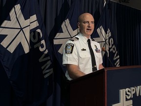 Montreal police Inspector David Shane, seen at press conference on Monday, Aug. 28, 2023, said the investigation so far into the Old Montreal fire in March has revealed that "an accidental cause has been ruled out" and that an accelerant was used in the fire.