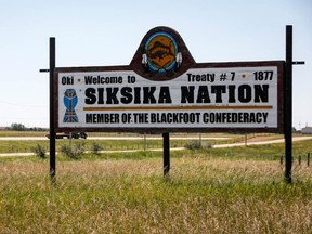 A sign greets people on the Siksika First Nation, east of Calgary near Gliechen, Alta.
