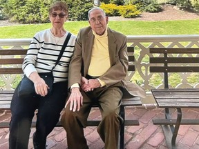 Mary Elkind, 83, and Joseph Potenzano, 93, in Paramus, N.J. earlier this year. They'll be getting married on Oct. 15. It will be the first time at the altar for Potenzano. MUST CREDIT: Photo courtesy of Joseph Potenzano