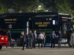 The Orange County aheriff's mobile command post uses the parking lot at Saddleback Church as as staging area in Lake Forest, Calif., Wednesday, Aug. 23, 2023, after a fatal shooting at Cook's Corner in Trabuco Canyon.