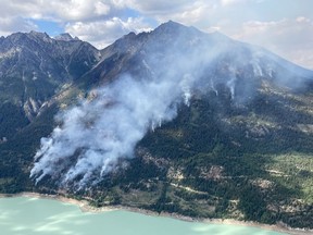 The Downton Lake wildfire northwest of Whistler, B.C., burns in this recent handout photo.