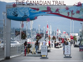 Tourists at Canada Place in Vancouver, 2020.