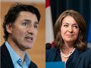 Prime Minister Justin Trudeau and Alberta Premier Danielle Smith. Photos by Darren Calabrese/The Canadian Press and Azin Ghaffari/Postmedia