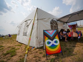 A 2SLGBTQIA+ tent is set up during Back to Batoche on Friday, July 21, 2023.