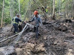 Local residents use hoses and shovels to douse hot spots near Celista in the North Shuswap area on Aug. 21.