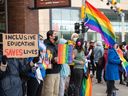 Counter protesters gathered to show their support for the LGBTQ+ community against the 1 Million March 4 Children rally outside the Harry Hays building in downtown Calgary on Wednesday, September 20, 2023.