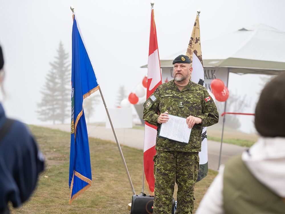 Lieutenant Colonel Terry Larson speaks at the sixth annual Canadian Walk for Veterans in South Glenmore Park in Calgary on Saturday, September 23, 2023.