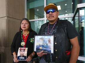 Nicole Johnston and Jimmy Crowshoe gather with other members of Colton Crowshoe's family