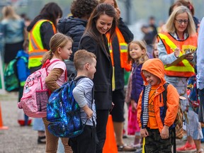 FILE PHOTO: Kids, parents and teachers gather at Chinook Park School on the first day of classes for Calgary public schools on Thursday, August 31, 2023.