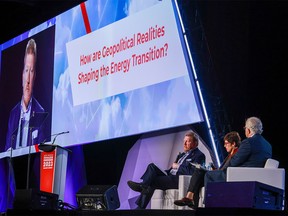From left; RJ Johnston, executive director with the Center on Global Energy Policy at Columbia University, Deborah Yedlin, president and CEO of the Calgary Chamber of Commerce and John Elkind, senior research scholar with the Center on Global Energy Policy take part in a panel discussion titled “How are Geopolitical Realities Shaping the Energy Transition?” at the World Petroleum Congress in Calgary on Wednesday, September 20, 2023.