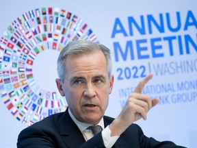 UN Special Envoy for Climate Action and Finance Mark Carney speaks during a discussion about the global economy at the 2022 IMF/World Bank annual meeting October 13, 2022, in Washington, DC. (Photo by Brendan Smialowski / AFP)