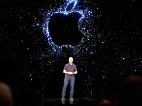 Apple chief executive officer Tim Cook speaks at an Apple special event at Apple Park in Cupertino, Calif., on Sept. 7, 2022. Apple will unveil its updated iPhone 15 on Sept. 12 as well as updates to some of its other hardware.