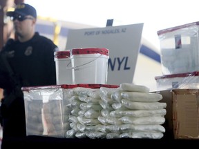 FILE - A display of the fentanyl and meth that was seized by U.S. Customs and Border Protection officers at the Nogales Port of Entry is shown during a press conference, Jan. 31, 2019, in Nogales, Ariz.