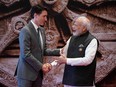 India's Prime Minister Narendra Modi with Prime Minister Justin Trudeau ahead of the G20 Leaders' Summit in New Delhi on Sept. 9, 2023.