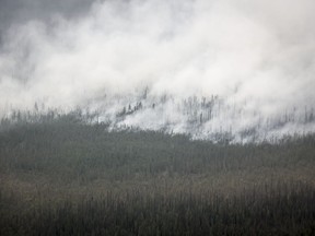 A wildfire burns south of Enterprise, N.W.T., Thursday, Aug. 17, 2023. A wildfire official says the town of Hay River will be at risk over the next few days with strong winds and high temperatures making a dangerous situation even worse.