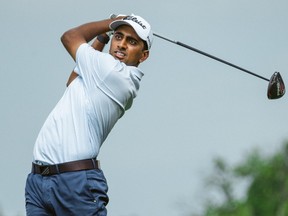 Sudarshan Yellamaraju of Mississauga, Ont., pictured during a tournament earlier this summer, fired a 5-under 66 in Thursday's opening round of the 2023 Fortinet Cup Championship at Country Hills. (Photo courtesy of PGA Tour Canada)