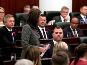 Alberta Premier Danielle Smith following the Speech from the Throne at the Alberta Legislature in Edmonton on Monday Oct. 30, 2023.