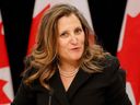 Deputy Prime Minister and Minister of Finance Chrystia Freeland during a press conference in Ottawa Thursday.   