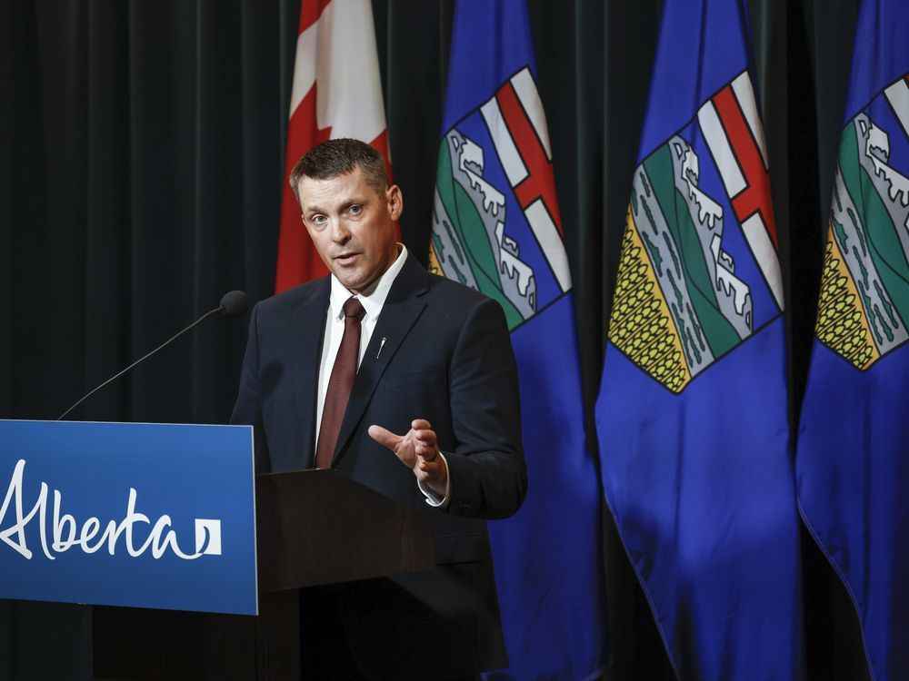 Alberta Finance Minister Nate Horner speaks to the media at a news conference in Calgary, Thursday, June 29, 2023. A spokesperson for Horner says the proposal to have a future Alberta pension plan mirror the controversial Quebec investment model remains on the table for consideration — four days after Horner announced it was off the table.