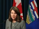 Alberta Premier Danielle Smith comments on the Supreme Court finding the federal environmental impact assessment law unconstitutional during a press conference in Calgary on Friday, Oct. 13.