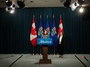 Alberta Premier Danielle Smith comments on the Supreme Court finding the federal environmental impact assessment law unconstitutional during a press conference in Calgary on Friday.