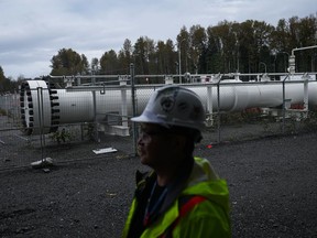 The terminus for the Coastal GasLink natural gas pipeline is seen at the LNG Canada export terminal under construction in Kitimat, B.C., Wednesday, Sept. 28, 2022.
