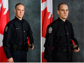 Const. Brett Ryan, left, and Const. Travis Jordan of the Edmonton Police Services were both killed in the line of duty on Thursday, March 16, 2023.