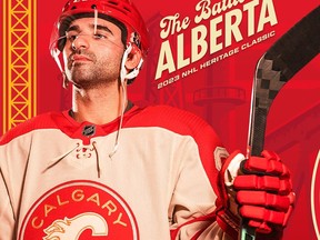 Calgary Flames forward Nazem Kadri models the jersey the team will wear at the 2023 Heritage Classic in Edmonton on Oct. 29.