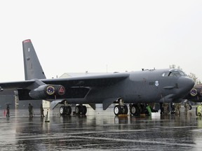 In this photo provided by the South Korea Defence Ministry via Yonhap News Agency, a U.S. Air Force B-52 bomber is parked at an air base in Cheongju, South Korea, on Thursday.