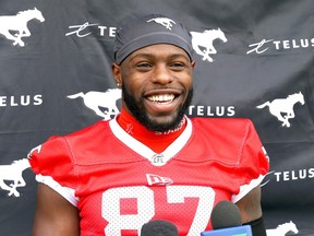 Calgary Stampeders receiver Floyd Allen speaks to media after practice at McMahon Stadium on Monday, Oct. 16, 2023.